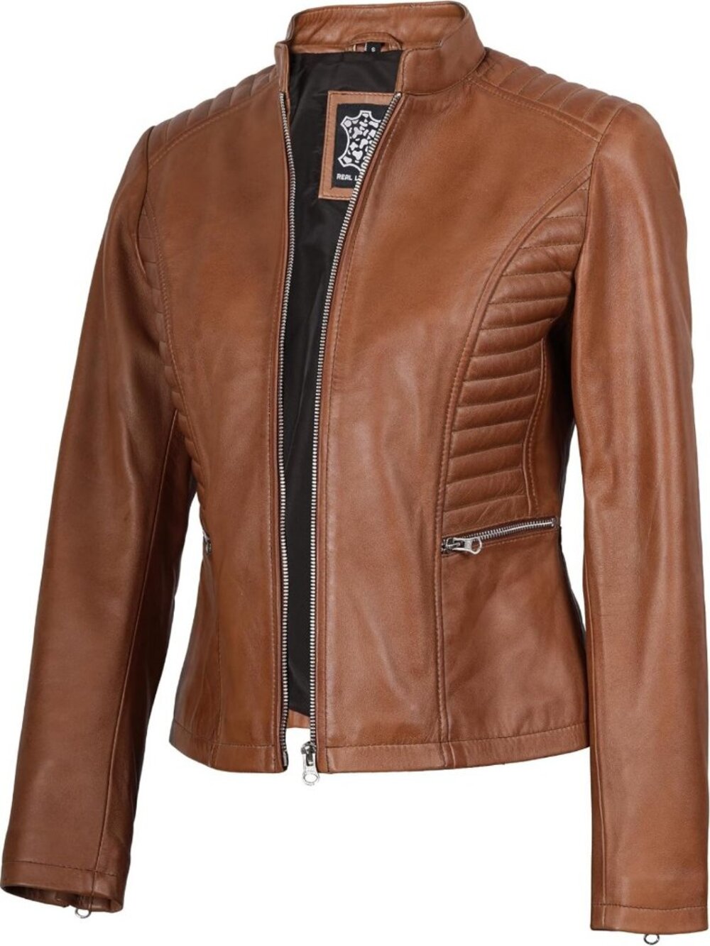 Stylish Women's Leather Jacket - Cafe Racer Real Lambskin, Stand Collar Design